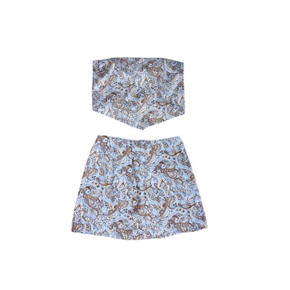 Hollister Y2K Babydoll 2 Piece Blue Paisley Satin Skirt Crop Top Set Size XS SM